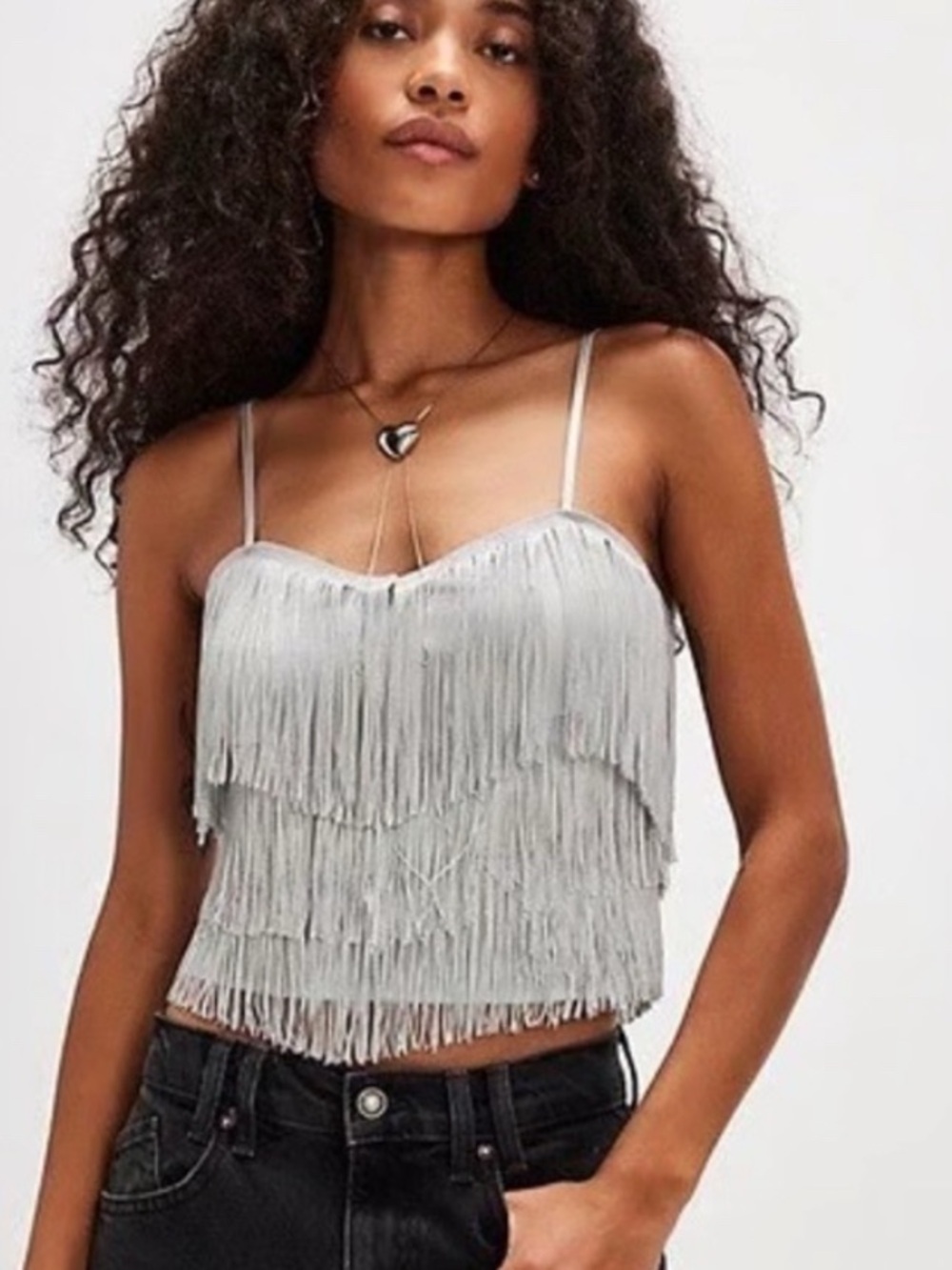 Free People Intimately Grey Silver Such A Catch Fringe Cropped Tank Size Small
